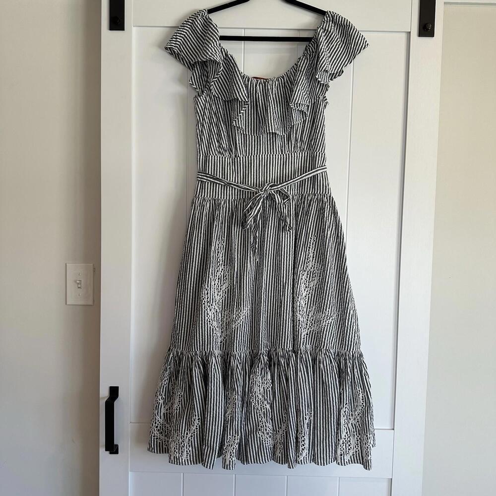 TORY BURCH Eyelet Seersucker Midi Dress Size 10 - Picture 2 of 9